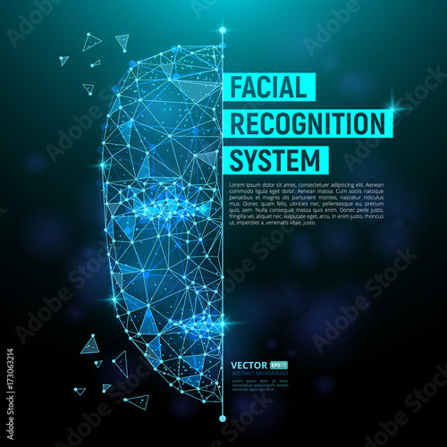 Biometric identification or Facial recognition system concept. Vector illustration of human face consisting of polygons, points and lines with place for your text isolated on dark blue background