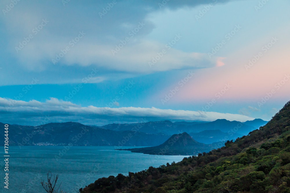 View of Atitlan lake and Cerro de Oro volcano, Guatemala