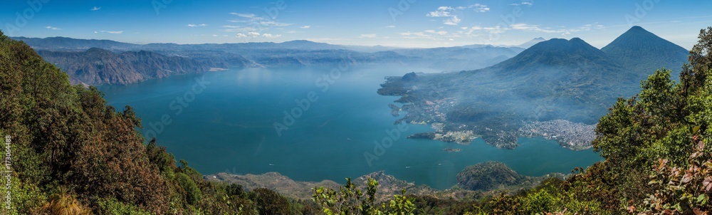 Atitlan lake in Guatemala, picture taken from San Pedro volcano. Volcanoes Cerro de Oro, Toliman, Atitlan at the right side.