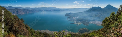 Atitlan lake in Guatemala, picture taken from San Pedro volcano. Volcanoes Cerro de Oro, Toliman, Atitlan at the right side.