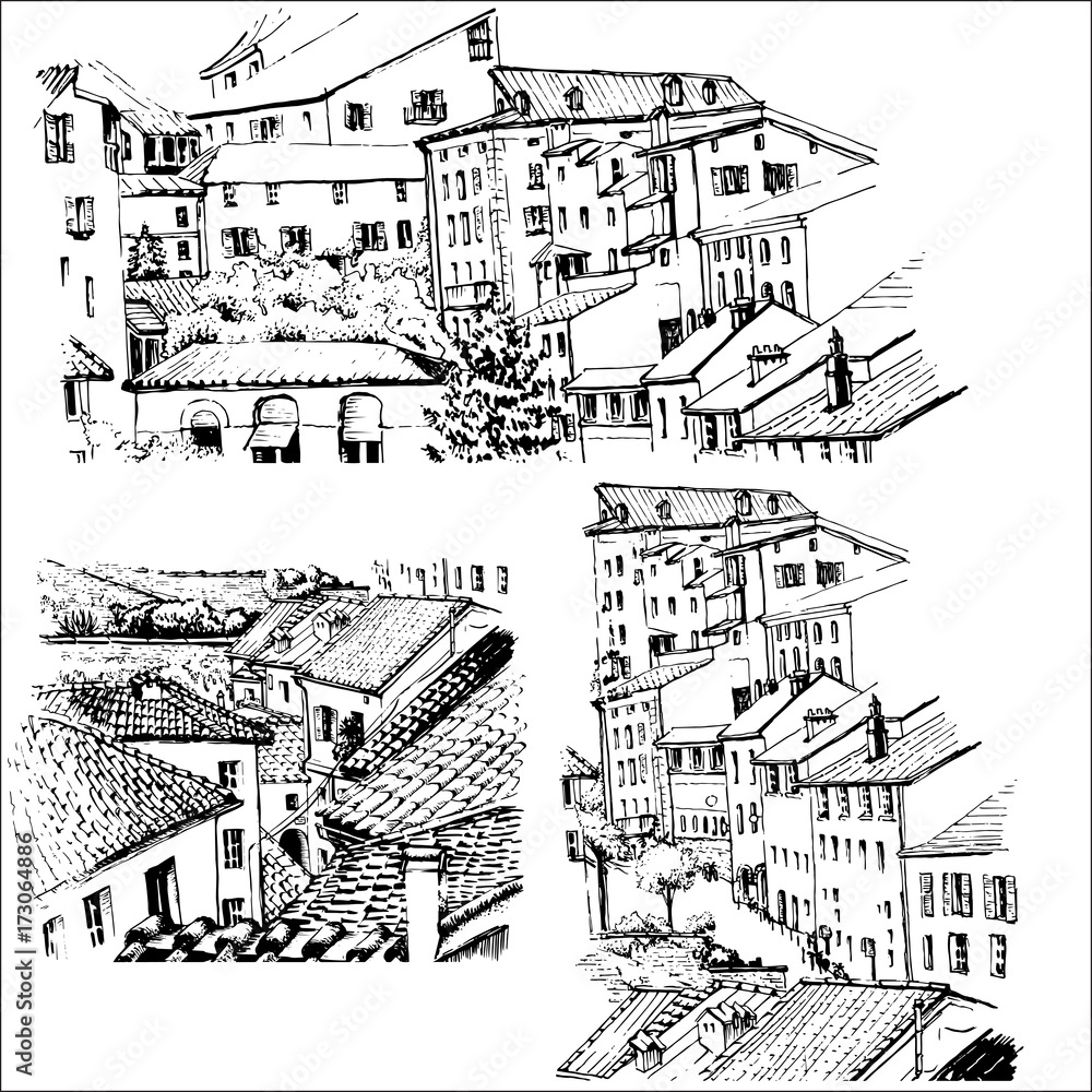 Roofs of houses. Three sketches.