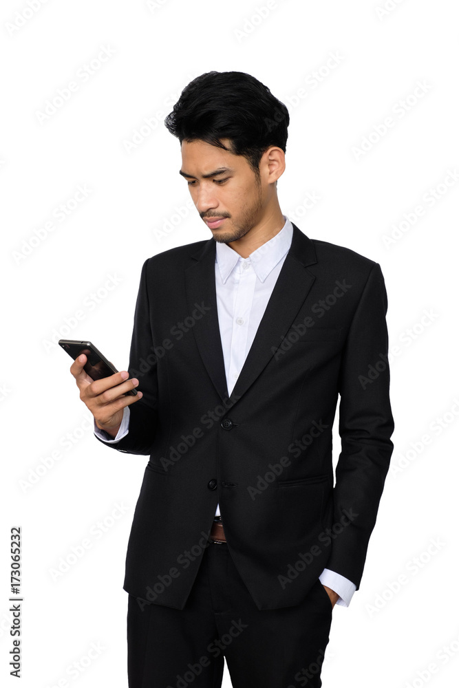 Young handsome asian business man using smartphone contact with partner while standing isolated white background,business people concept Young handsome asian business man using smartphone contact with partner while standing isolated white background,business people concept