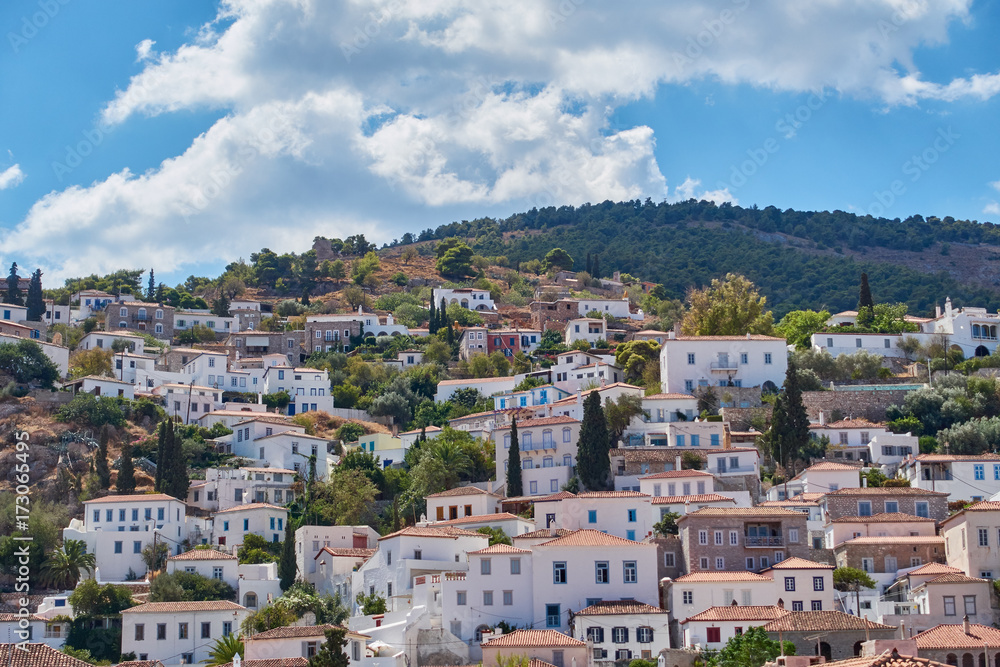 Hydra island Greece, picturesque view of the old town