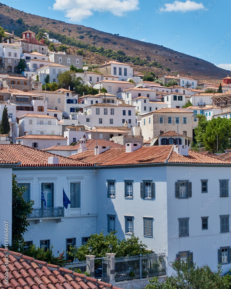 Hydra island Greece, picturesque view of the old town