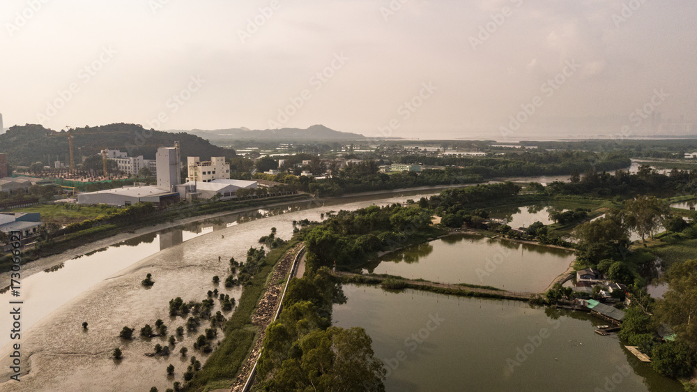 Aerial view over The Hong Kong, near Shenzhen border , China