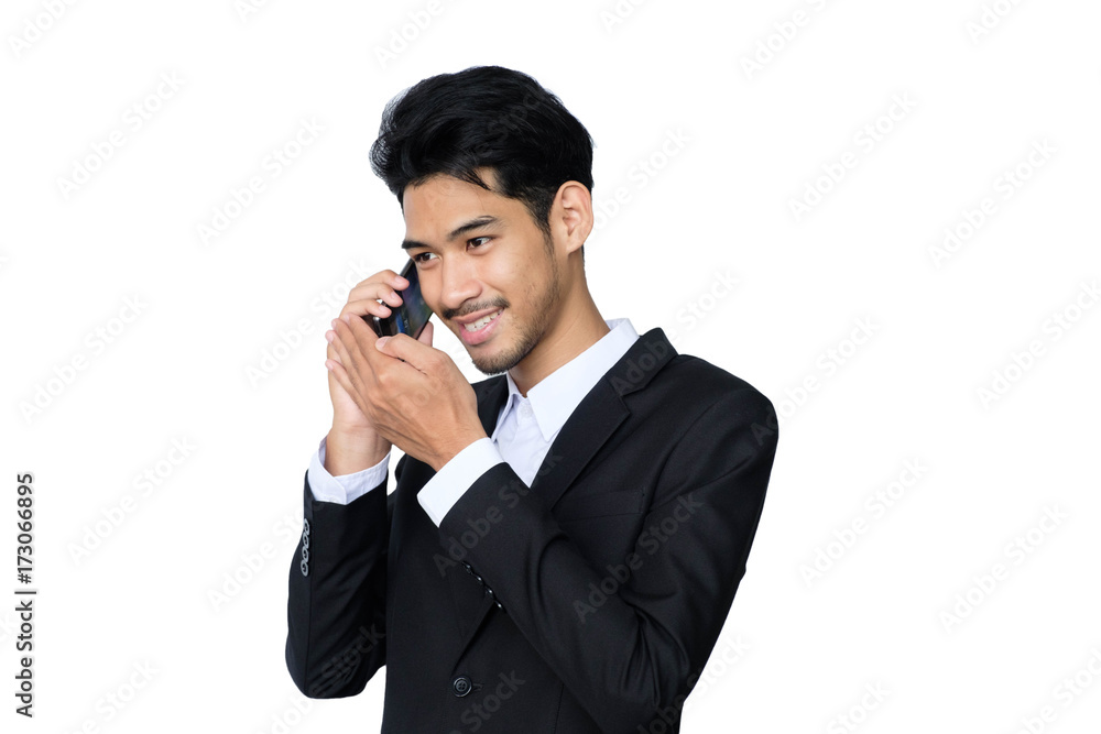 Young handsome asian business man using talking smartphone contact with partner while standing isolated white background,business people concept Young handsome asian business man using talking smartphone contact with partner while standing isolated white background,business people concept