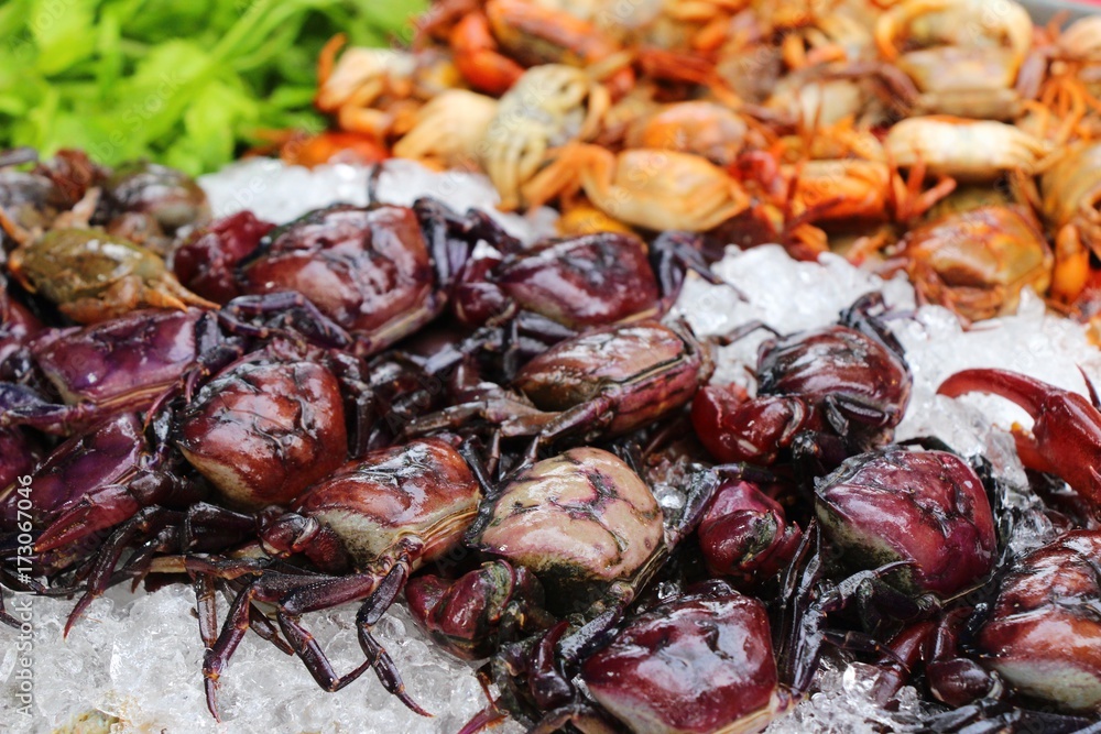 Crab on ice for cooking in street food Crab on ice for cooking in street food