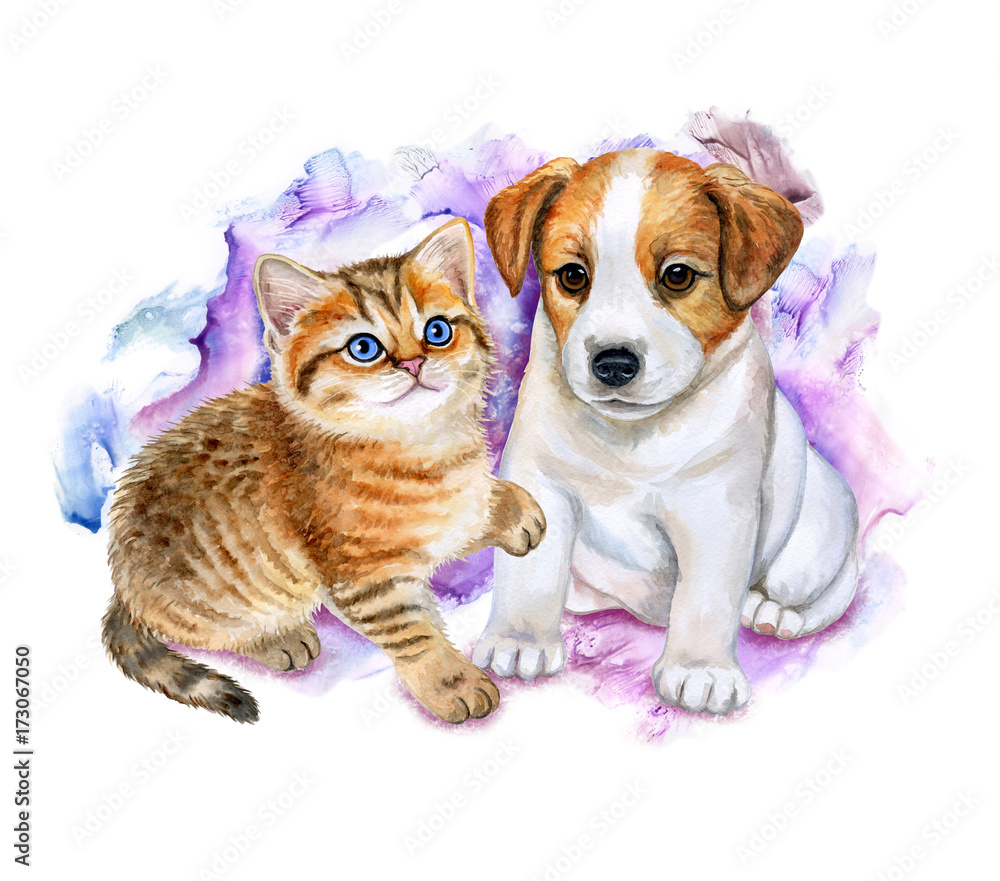 British kitten and puppy jack Russel on a colored background. Watercolor. Illustration. Template. Toys