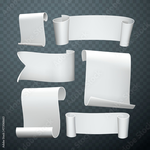 Gray tapes template set. Curled paper ribbons. Ancient papyrus collection. Vector illustration.