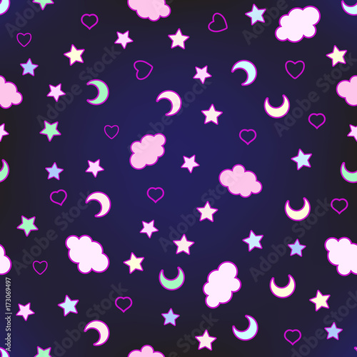 Seamless pattern with clouds, moon, stars, and in the doodle kaw