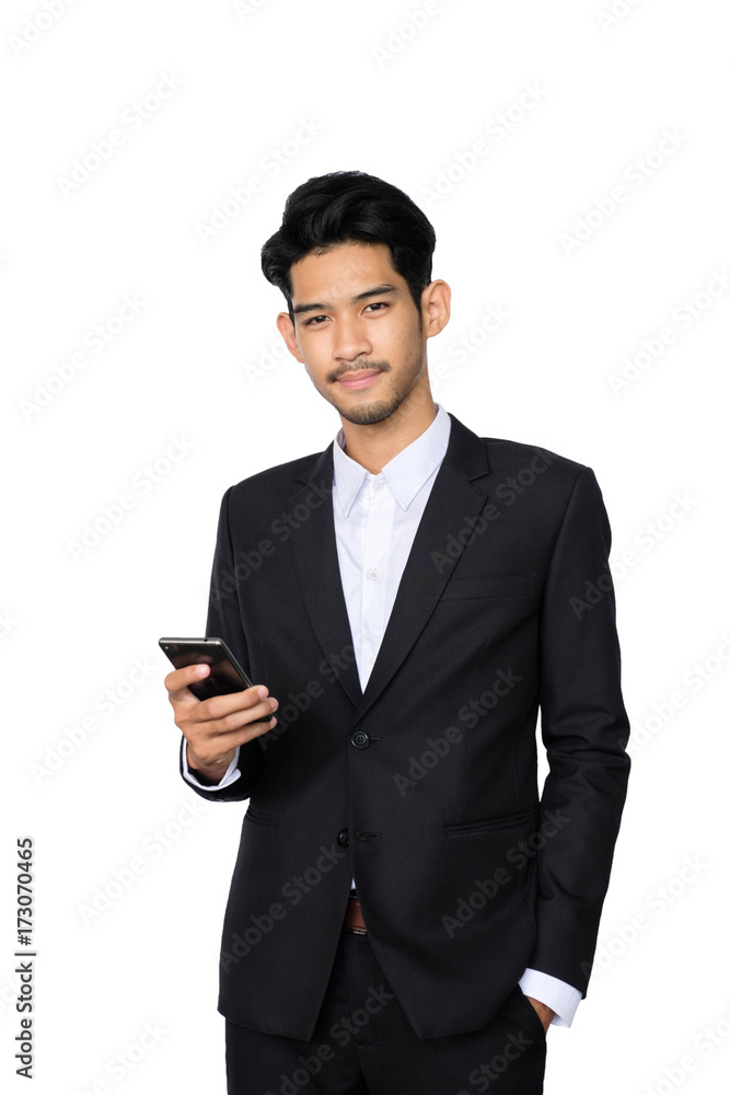 Young handsome asian business man using smartphone contact with partner while standing isolated white background,business people concept Young handsome asian business man using smartphone contact with partner while standing isolated white background,business people concept