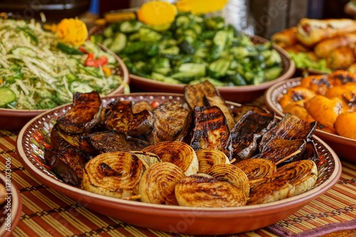 Жареный лук и жареные баклажаны в тарелке на столе с другими блюдами