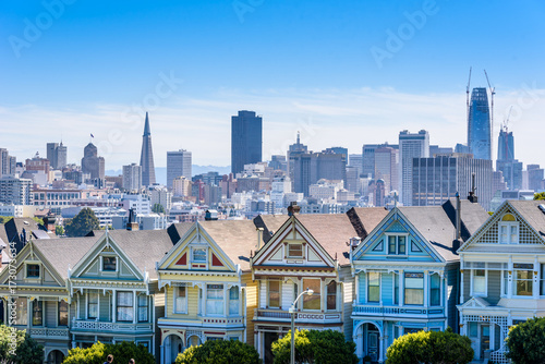 Photography Beautiful view of Painted Ladies, colorful Victorian houses located near scenic
