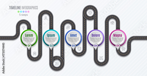 Navigation map infographic 5 steps timeline concept. Winding roa