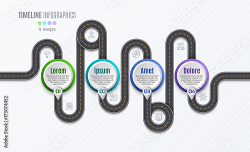 Navigation map infographic 4 steps timeline concept. Winding roa