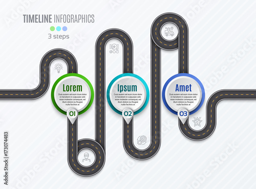 Navigation map infographic 3 steps timeline concept. Winding roa