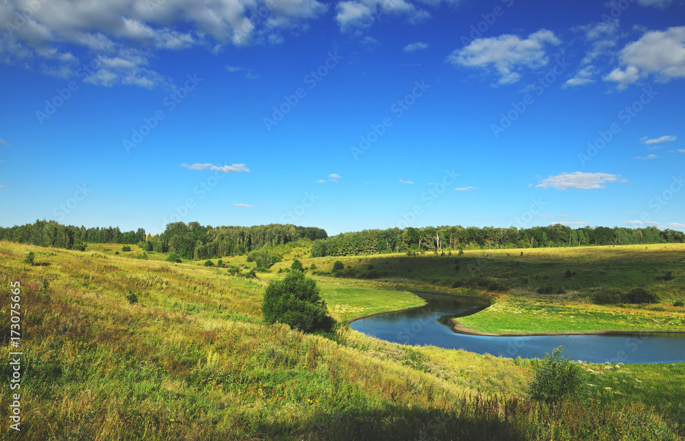 Sunny summer landscape.Bend in the river.Tula region,Russia