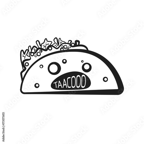 Outline halloween spooky taco character. Cartoon black linear mexican tacos symbol for holiday fast food restaurant or cafe menu, advertisement, banner, web design