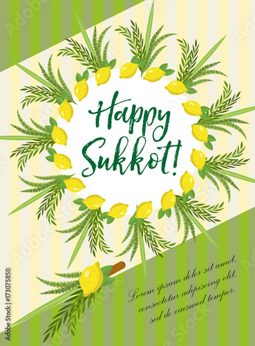 Happy Sukkot flyer, posters, invitation. Sukkot template for your design greeting card and more with etrog, lulav, Arava, Hadas. Vector illustration