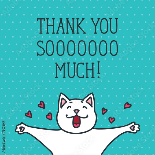 Thank You card with cute white cat on dotted background. Hand drawn vector illustration