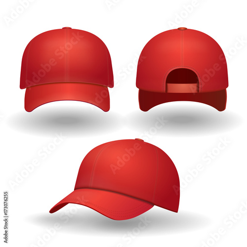 Realistic red baseball cap set. Back front and side view isolated 3d vector illustration