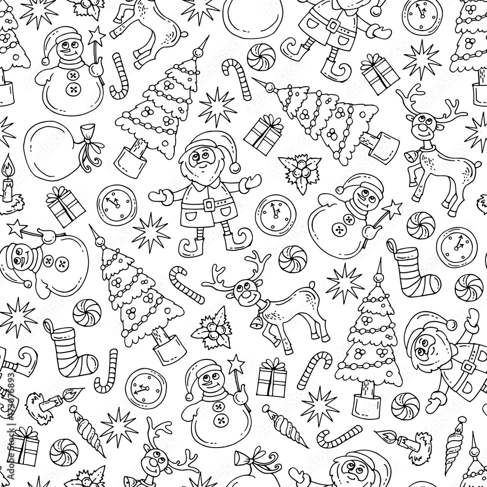 Vector seamless pattern with isolated hand drawn symbols of happy new year on white color. Pattern on the theme of Merry Christmas