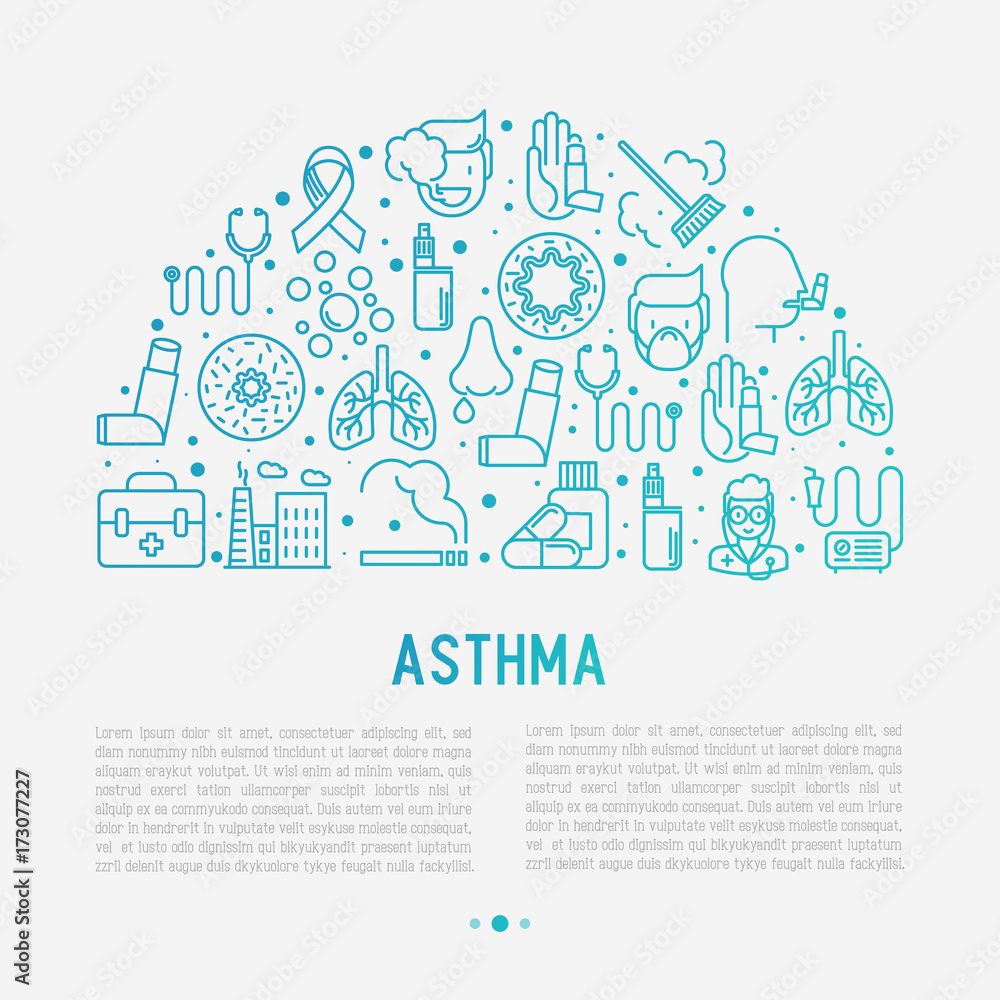 World asthma day concept in half circle with thin line icons: air pollution, smoking, respirator, therapist, inhaler, bronchi, allergy symptoms and allergens. Vector illustration for banner, web page.