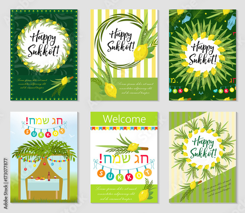 Happy Sukkot set of flyers or posters. Sukkot collection of templates for your design greeting cards and more. Vector illustration