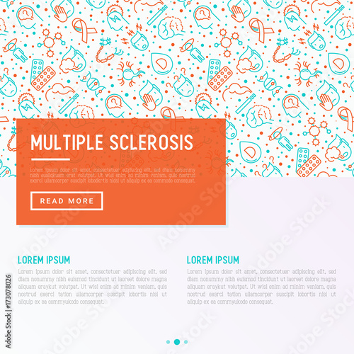 Multiple sclerosis concept with thin line icons of symptoms and treatments: disorientation, heredity, neuron myelin sheaths, vitamin D. Vector illustration for banner, web page, print media.