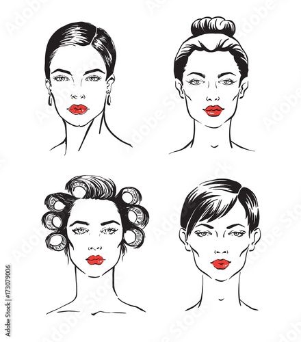 Vector line illustration of woman face with different haircut. Woman with curler on white background