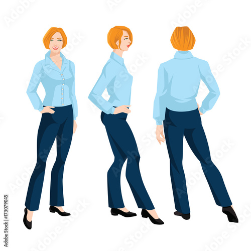 Vector illustration of corporate dress code. Business woman or secretary in formal clothes. Front view, side and back view. Woman in blue blouse, pants and beige shoes isolated on white background.