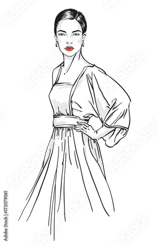 Vector hand draw illustration of woman in dress with wide sleeves isolated on white background