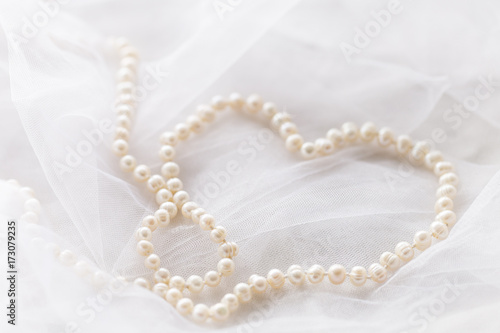 Fotografiet Pearl necklace on white veil