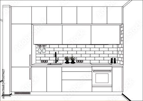 3D vector sketch. Modern linear kitchen furniture design in home interior. Kitchen sketch. Appliances and decorations. Lines, projection, construction. Metro tiles. Project management. 