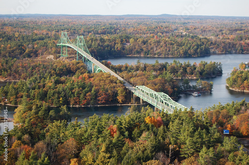 Thousand Islands Bridge across St. Lawrence River. This bridge connects New York State in USA and Ontario in Canada near Thousand Islands.