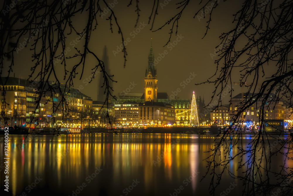 Naklejka premium Illuminated Hamburg Christmas Market with town hall