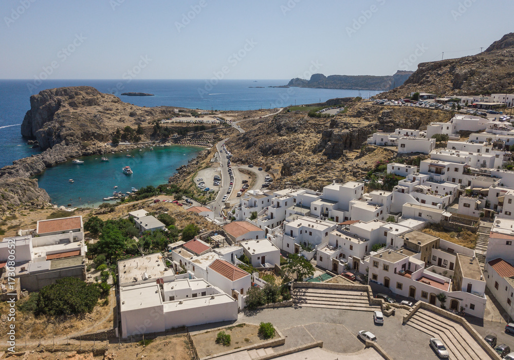 Aerial view of Lindos town and Saint Paul's bay, Rhodes island, Greece
