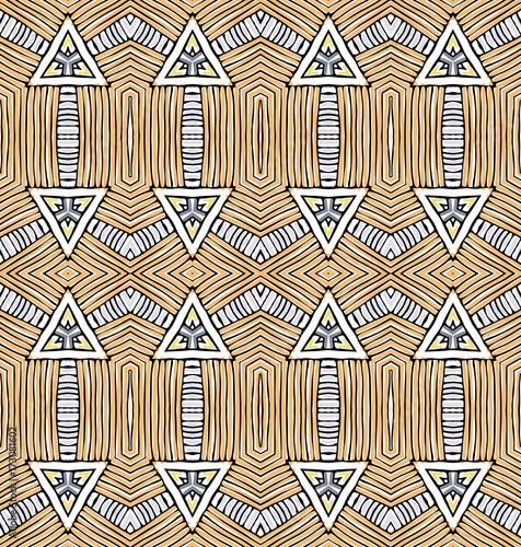 Seamless striped vector pattern. Vintage colored decorative repainting background with tribal and ethnic motifs. Abstract geometric roughly hatched shapes colored with hand drawn brush stokes.