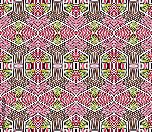 Seamless striped vector pattern. Vintage colored decorative repainting background with tribal and ethnic motifs. Abstract geometric roughly hatched shapes colored with hand drawn brush stokes.