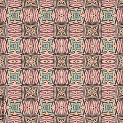Seamless striped vector pattern. Vintage colored decorative repainting background with tribal and ethnic motifs. Abstract geometric roughly hatched shapes colored with hand drawn brush stokes.