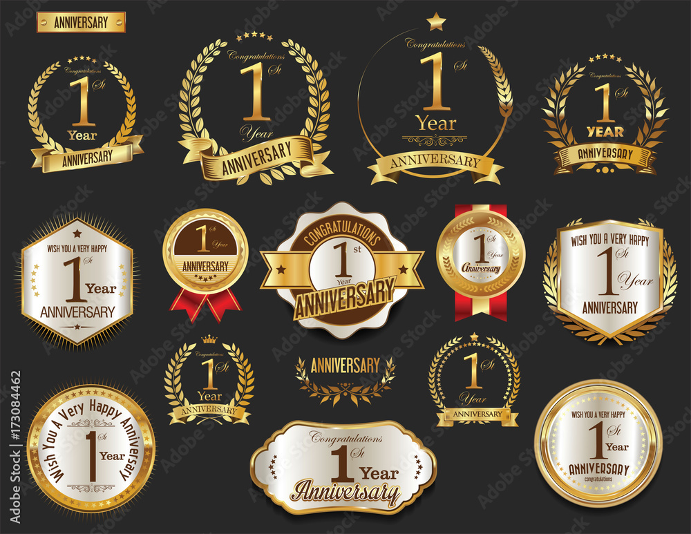 Anniversary golden laurel wreath and badges 1 year vector collection - obrazy, fototapety, plakaty 