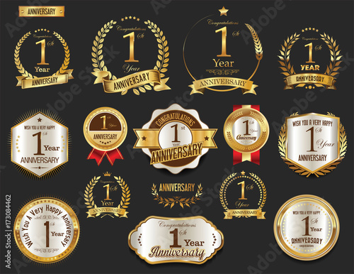 Anniversary golden laurel wreath and badges 1 year vector collection
