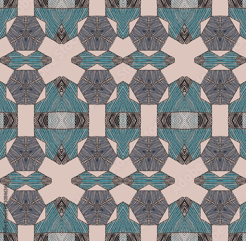 Seamless striped vector pattern. Vintage colored decorative repainting background with tribal and ethnic motifs. Abstract geometric roughly hatched shapes colored with hand drawn brush stokes.