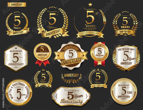 Anniversary golden laurel wreath and badges 5 years vector collection