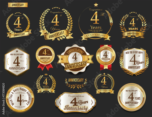 Anniversary golden laurel wreath and badges 4 years vector collection