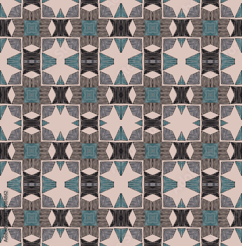 Seamless striped vector pattern. Vintage colored decorative repainting background with tribal and ethnic motifs. Abstract geometric roughly hatched shapes colored with hand drawn brush stokes.