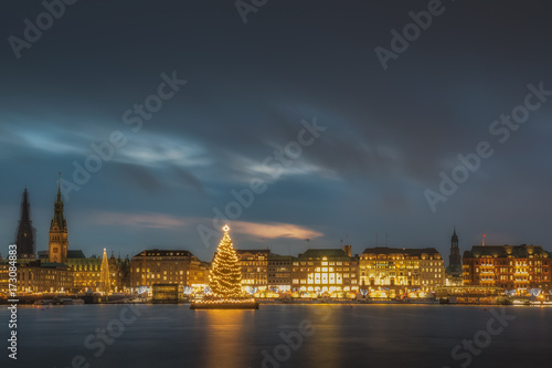 Christmas Market with Christmas Tree on Alster in Hamburg