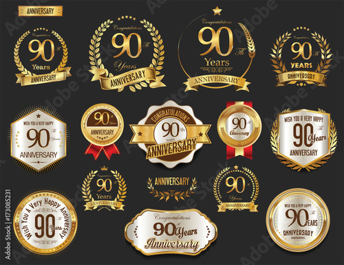 Anniversary golden laurel wreath and badges 90 years vector collection