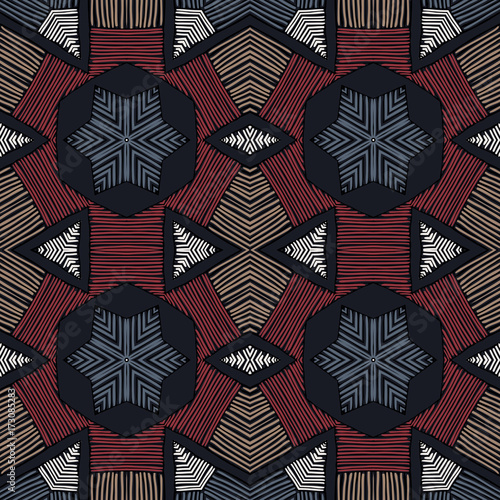 Seamless striped vector pattern. Vintage colored decorative repainting background with tribal and ethnic motifs. Abstract geometric roughly hatched shapes colored with hand drawn brush stokes.
