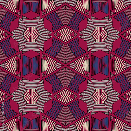 Seamless striped vector pattern. Vintage colored decorative repainting background with tribal and ethnic motifs. Abstract geometric roughly hatched shapes colored with hand drawn brush stokes.
